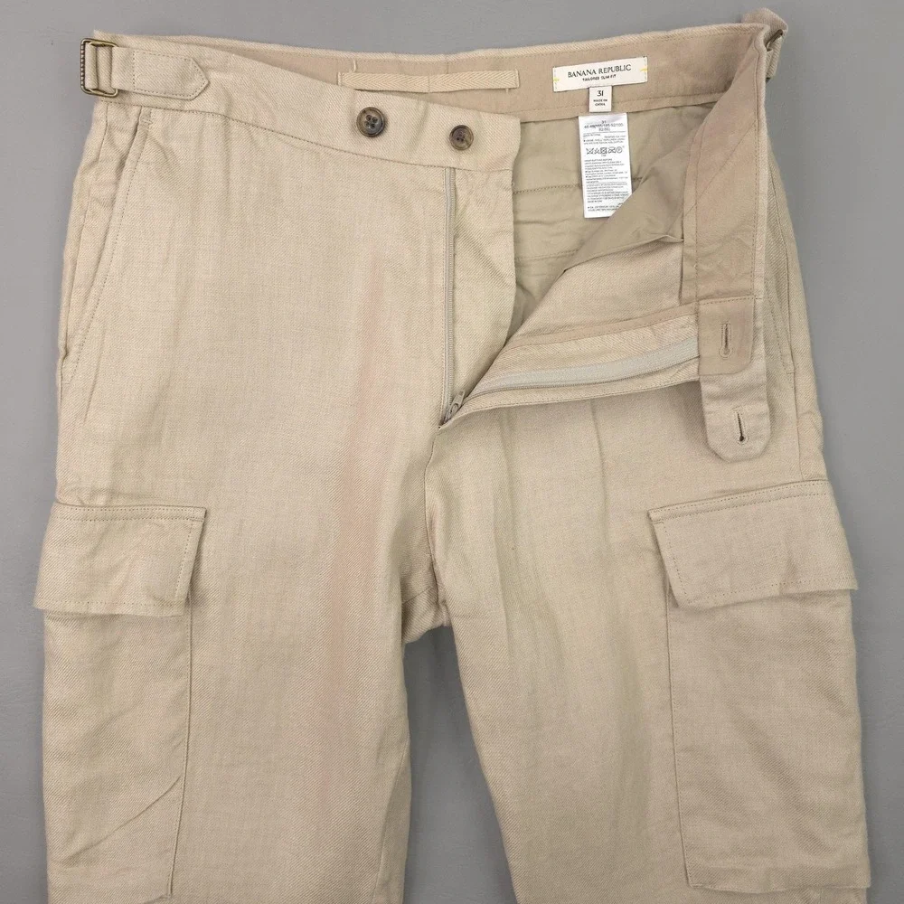 Banana Republic Cargo Pants Mens 31x30 Beige Linen Tailored Slim Fit Summer